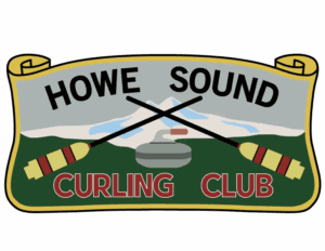Logo of Howe Sound Curling Club featuring crossed curling brooms and mountain scenery.
